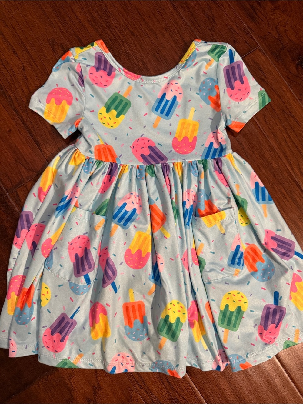 Girls Light Blue Popsicle Print Casual Twirl Dress with Pockets